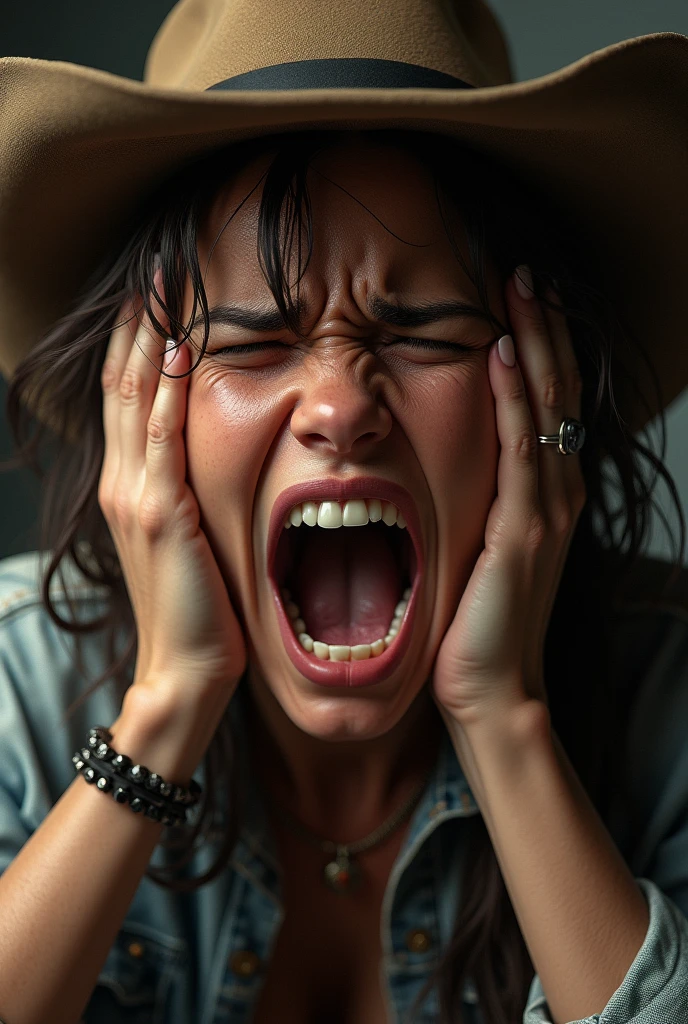 cowgirl with her hands on the sides of her face screaming and with a ring on her finger on the work the scream