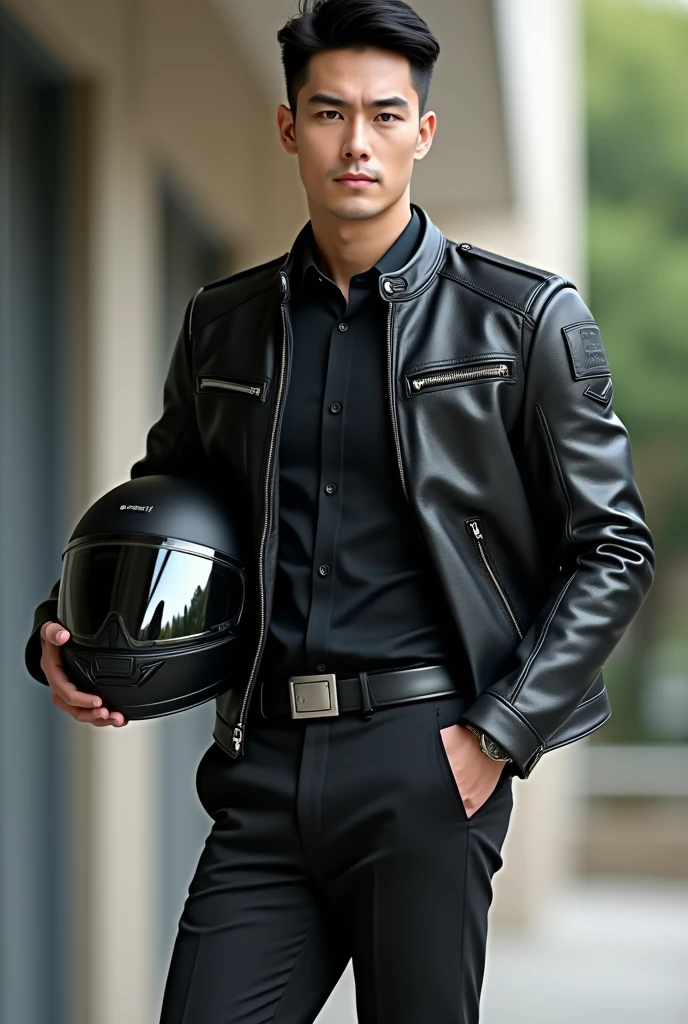 Handsome university male student with short black hair, his face clean shaved against the grain , holds a black helmet and he wears black formal shoes, black business pants, black leather belt with silver square automatic buckle, not simple and light blue formal shirt, he also wears a polyester biker jacket with protectors on shoulders and elbows and biker gloves, he has zipped up a bit his jacket.