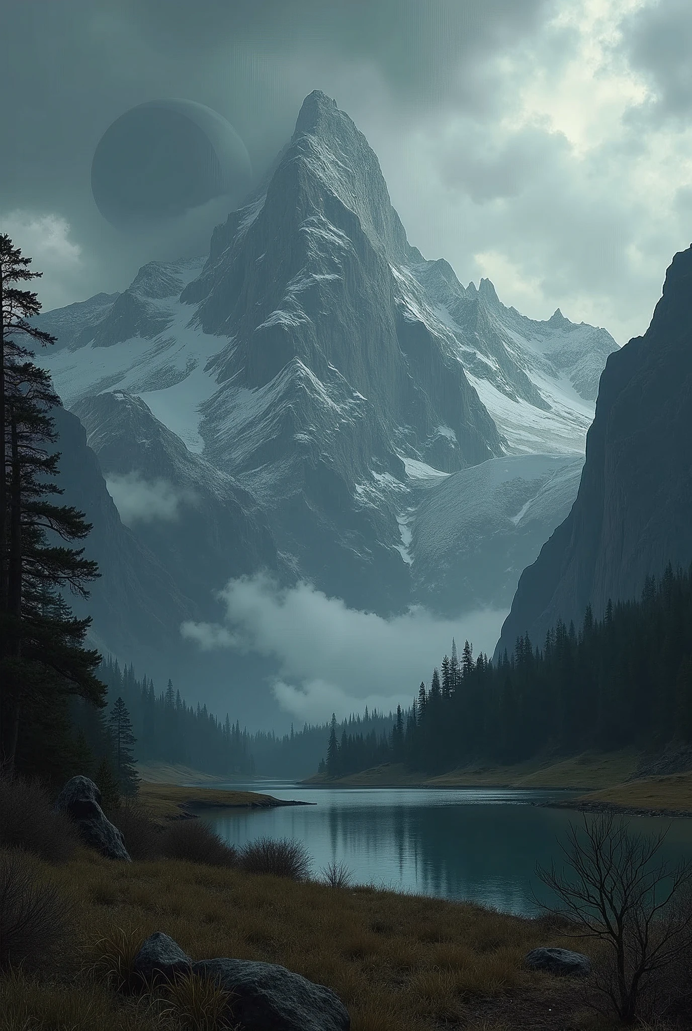 A dark, brooding view of a mountain range under a stormy, overcast sky. The peaks are rugged and bare, with patches of snow, and the lower slopes are shrouded in dense, shadowy forests. A somber, still lake lies in the valley, reflecting the muted colors of the sky and mountains. The grassy meadows near the water are sparse, with only a few scattered, withered plants. The sky is a tumultuous mix of greys and blacks, with heavy clouds threatening rain. In the background, a giant dark sphere looms ominously in the sky, adding an otherworldly and mysterious element to the scene. The atmosphere is bleak and oppressive, capturing the raw, melancholic beauty of nature.