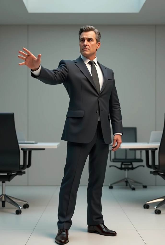 man dressed in a suit with one arm outstretched.