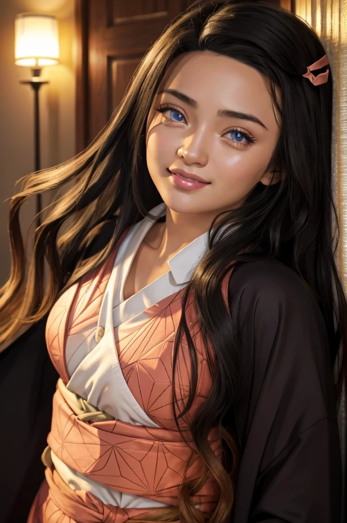 (Ultra Real), (Illustration), (High Resolution), (8K), (Very Detailed), (Best Illustration), (Beautiful Detailed Eyes), (Best Quality), (Ultra Detailed), (Masterpiece), (Wallpaper), (Detailed Face), Night Up Upper Body, Ice Cream,Long Hair,Solo,Simple Kimono Top Girl, Sweaty, Japan Person, Big , (Camel Toe) Nezuko Kamado, Flirty Smile,