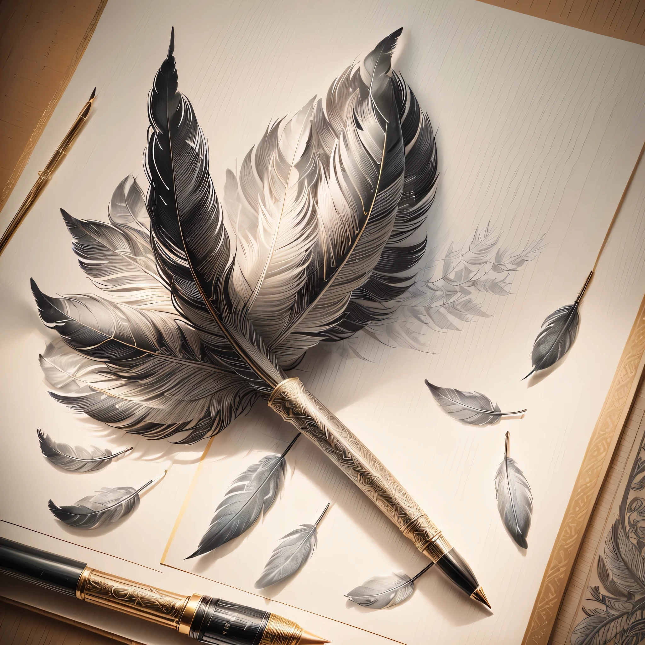 there is a pen and a drawing of a feather on a paper, feather pen, realistic. detailed feathers, made of feathers, detailed feathers, hyperrealistic illustration, highly detailed illustration, pen painting, high detailed illustration, artistic illustration, realistic illustration, photorealistic illustration, extremely detailed art, ultrarealistic illustration, ultra realistic illustration, highly detailed pen, anamorphic illustration
