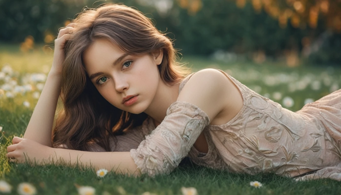 (Cinematic photo:1.3) From (Thigh-length photos:1.3),(slim, lying on her belly:1.3) ((buttocks)) Beautiful 12 year old girl lying on the grass, (complex brown hair), Highly detailed texture кожи, realistic texture кожи, looks straight into the camera, (looks at the viewer) ), pout, , Shine, Dramatic, Dreamy, pastelный цветочный сад, elegant, strange, gentle, Highly detailed, difficult, UHD Digital Photography, Fantasy theme, Photo to the knees , beautiful young girl, big, Beautiful body, highly detailed full-length shot, Dreamy, pastel, watercolor, strange, gentle, Highly detailed texture, realistic texture, digital painting, highly detailed photo, (art deco: 1 .хFromоралFromм:1.3),(Classic realotm:1.3),(Fujifilm Superia:1.3),, golden hour light, beautiful garden wikth flowers in the background