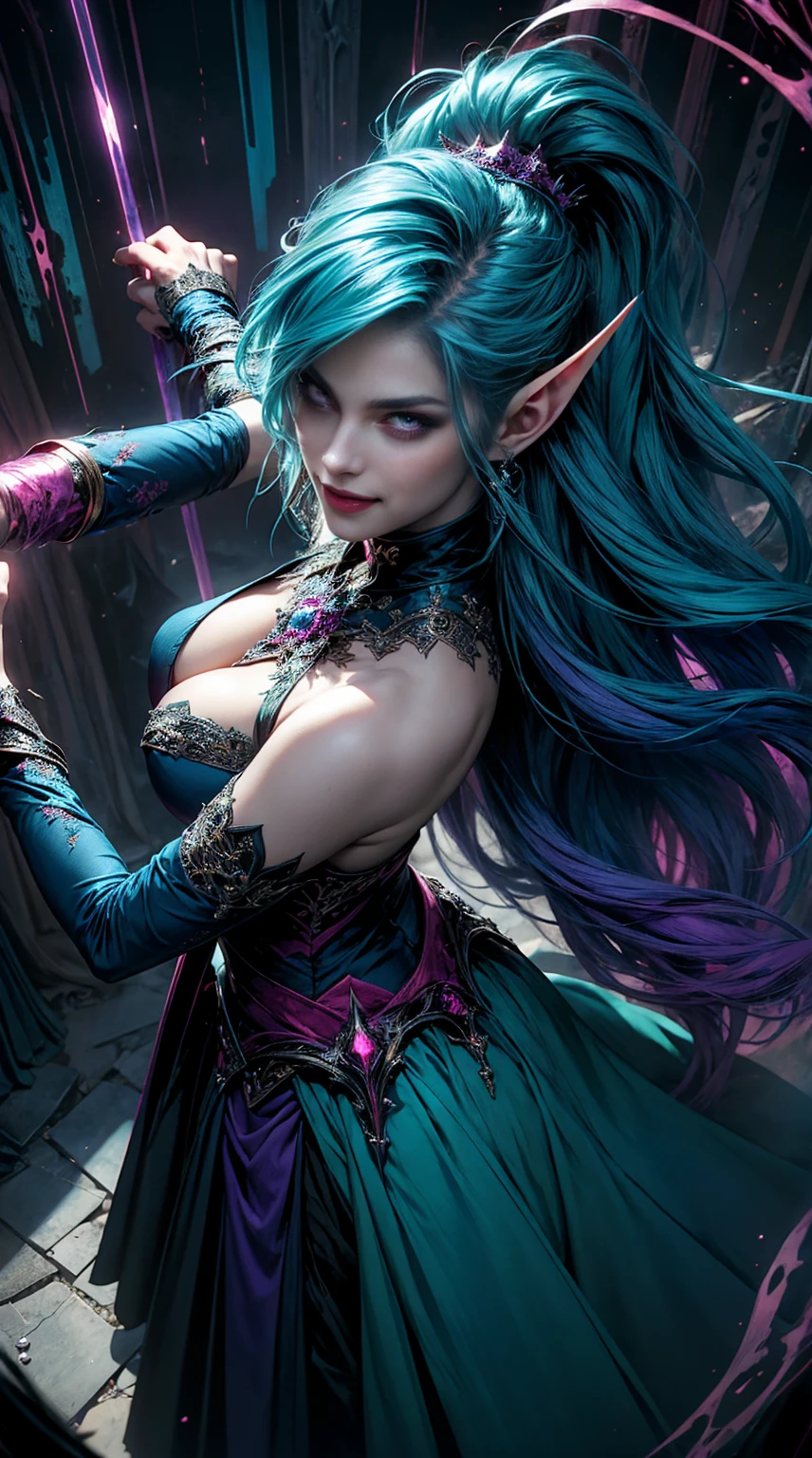 from above, high view shot, in the heart of a fantasy vampire world, a young vampire elf woman with a pink and green style haircut, luminicent hair, elf ears, sexypire clothes, blue, pink, green and purple magic aura, smile. In a blue and purple enchanted castle, with cursed walls marked with elfic symbols, vampiric tattoos, sensual pose, magic dust, creates an atmosphere of vampiric magic and elfic magic, energy and neon lights, neon blue , neon purple. good quality eyes, red eyes, ultra detailed, blue, green and purple, magic light effects, masterpiece, 4k, raytracing, medium body, close-up, high view, particles and hard blue-green neon lights, focus on blue and purple color