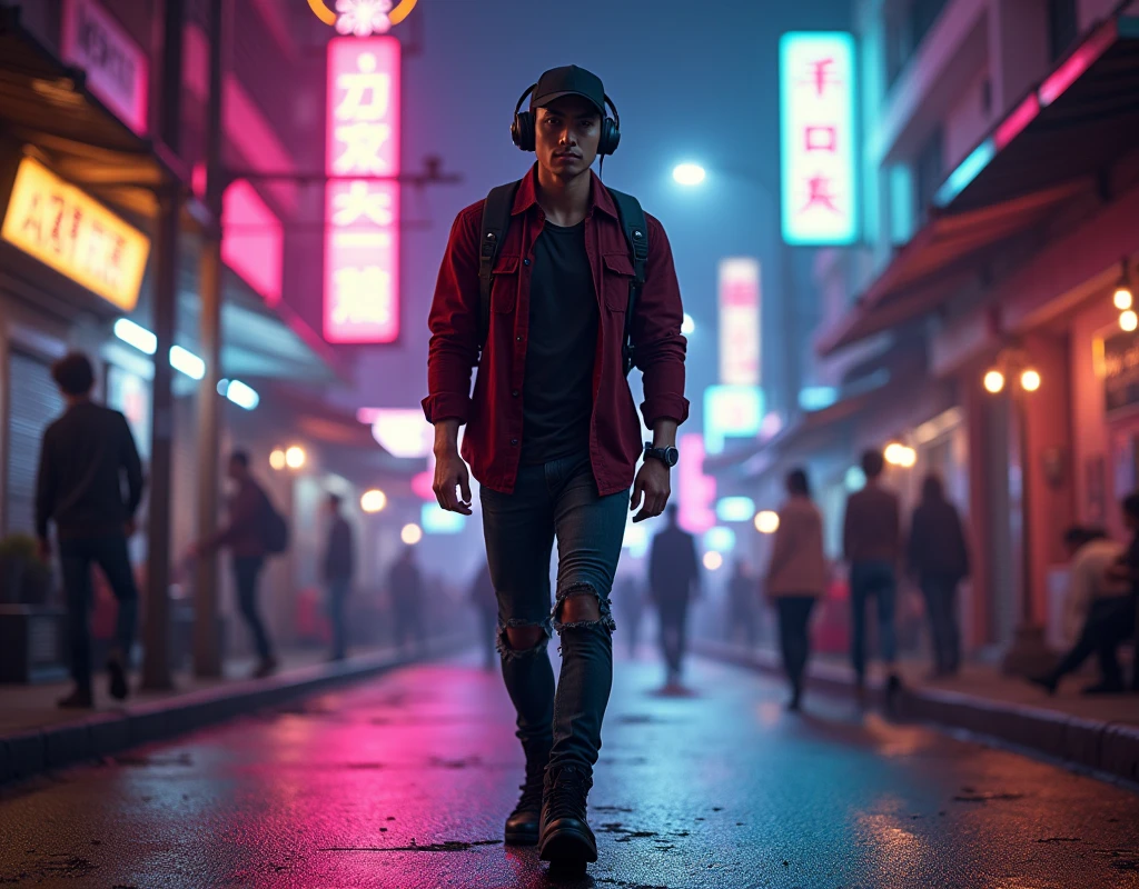 Hyper realistic, a 28 year old Indonesia man running on the neon cyberpunk street, ideal body, look straight ahead, wearing dark red flannel shirt and dark ripped jeans pants and black hiking hi-shoes with black backward trucker hat, wear dark leather backpack, wear headphone, masculine photoshoot pose, arrogant man expression, romantic, Bandung night town as background. Use soft photography lighting. top lighting. top lighting, slide lighting, high quality photos, UHD, 64k. shot with Canon EOS 5D Mark IV, cinematic portrait, Realistic face, not changing face, no mustache, Real photo, unchanging face, background change. Real Picture 8k ultra, man, gamer, hyper detailed, sharp focus, studio photo, intricate details, highly detailed, photo real, bright colors, digital graphics, unreal engine, blender art, perfect composition, octane rendering, masterpiece, sharp focus, high detail, art station, concept art, perfect composition, a model of ultra-high quality and clarity, perfect play of light and shadow, 32k UHD, hyper-detailing, complex artistic masterpiece, ((best quality)), ((masterpiece)), (detailed), perfect face