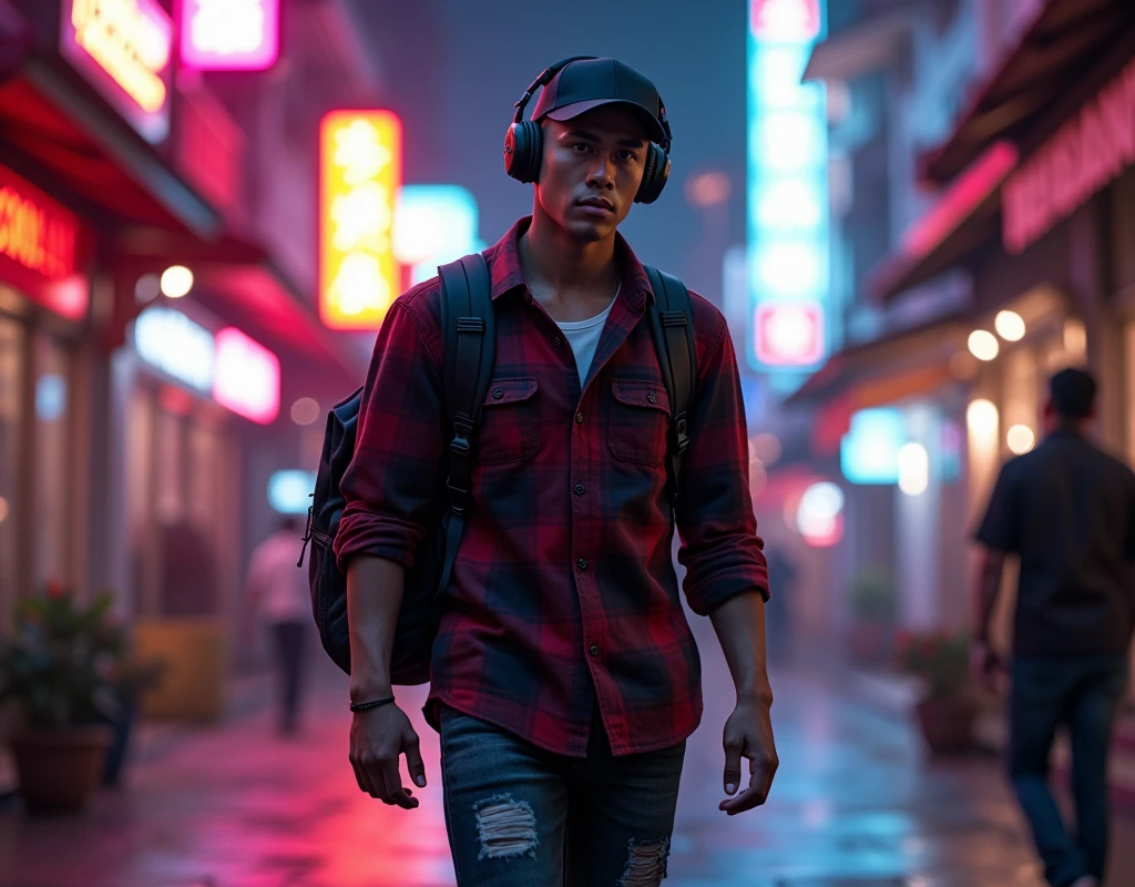 Hyper  realistic, a 28 year old Indonesia man running on the neon cyberpunk street, ideal body, look straight ahead, wearing dark red flannel shirt and dark ripped jeans pants and black hiking hi-shoes with black backward trucker hat, wear dark leather backpack, wear headphone, masculine photoshoot pose, arrogant man expression, romantic, Bandung night town as background. Use soft photography lighting. top lighting. top lighting, slide lighting, high quality photos, UHD, 64k. shot with Canon EOS 5D Mark IV, cinematic portrait, Realistic face, not changing face, no mustache, Real photo, unchanging face, background change. Real Picture 8k ultra, man, gamer, hyper detailed, sharp focus, studio photo, intricate details, highly detailed, photo real, bright colors, digital graphics, unreal engine, blender art, perfect composition, octane rendering, masterpiece, sharp focus, high detail, art station, concept art, perfect composition, a model of ultra-high quality and clarity, perfect play of light and shadow, 32k UHD, hyper-detailing, complex artistic masterpiece, ((best quality)), ((masterpiece)), (detailed), perfect face