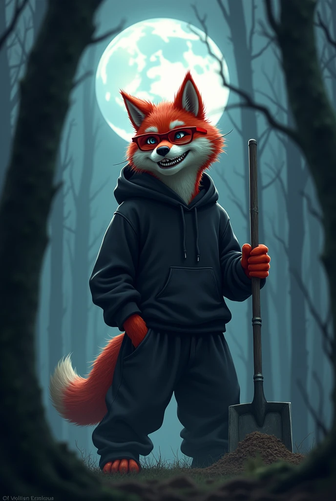 Furry Wolf, stands in the forest, the moon is shining on him, he has a shovel in his hands, and it's a little bent, because it digs the ground. he has short red hair, and red glasses, long wolf tail, predatory smile,sharp fingers, black hoodie, and oversized pants. high, Beautiful.