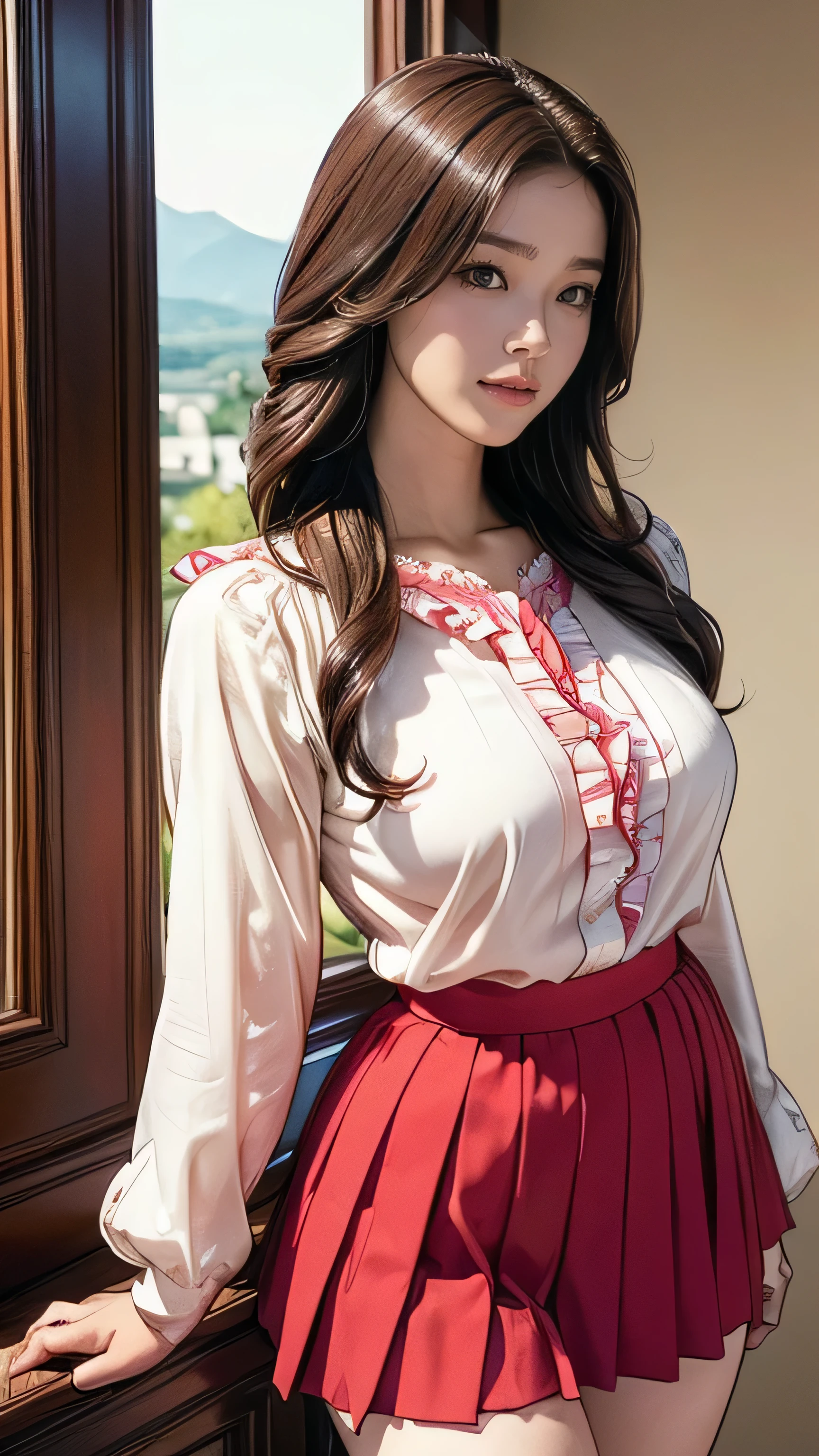 (masterpiece:1.2, Highest quality), (Realistic, photoRealistic:1.4), Beautiful illustrations, (Natural Side Lighting, Cinema Lighting), Beautiful thighs, Front view, 1 person, 26 years old, Perfect Face, Symmetrical cute face, Glowing Skin, Big eyes, long eyelashes chest), thin, expensive、 Beautiful Hair, Beautiful Face, Beautiful and beautiful eyes, Beautiful clavicle, Beautiful body, Beautiful breasts, Beautiful thighs, Beautiful feet, Beautiful fingers, ((High quality fabric, Red button up blouse、Vertical frills、Long sleeve、Big ribbon、Red Mini Pleated Skirt)), (Beautiful views),Are standing, (smile, wonderful, Open your mouth),((Long brown hair、Loosely curled inward hair、Long hair that reaches down to the waist:1.4))、The right hand is touching the chin.、