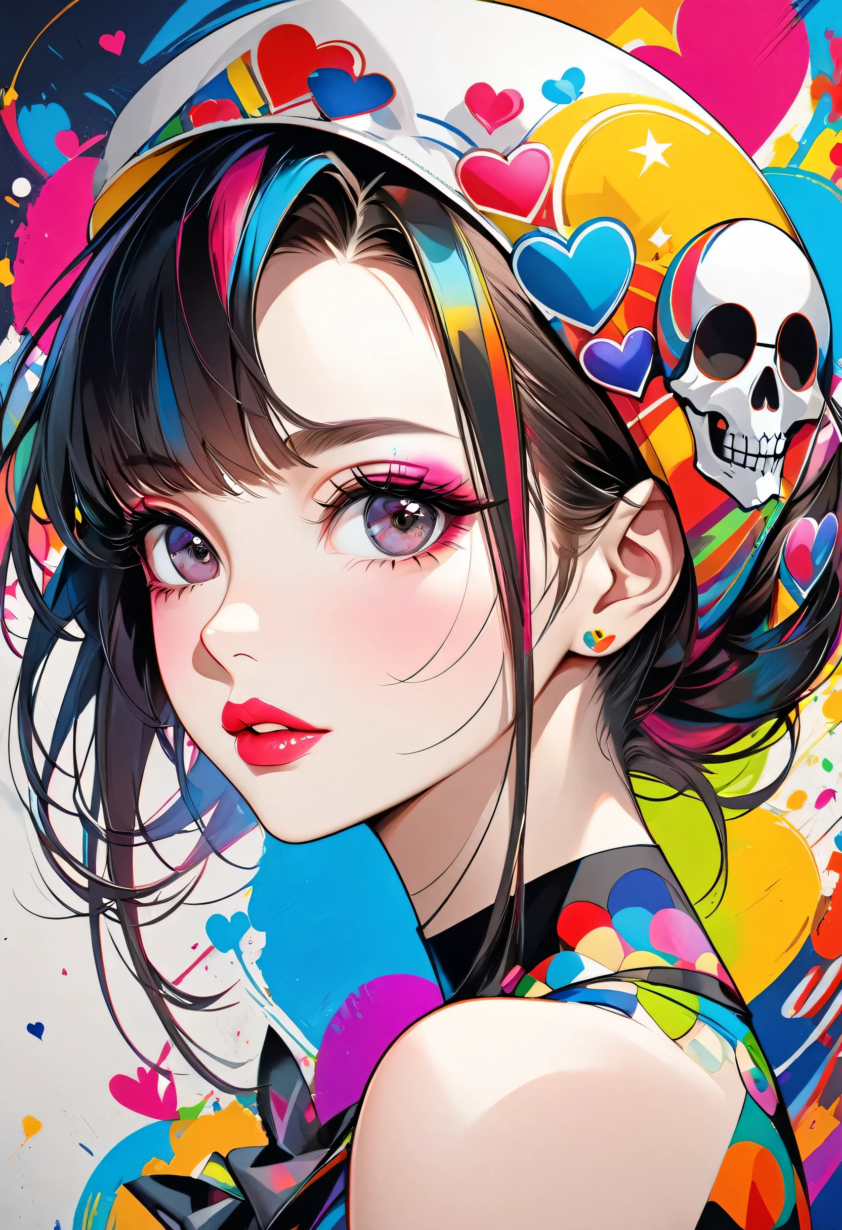 Ultra-realism Vasily Kandinsky colorful style, Simple Line Initialism,Abstract art,(((The most beautiful girl of all time))), Sweet face. Lips in love, colorful hearts, stylish design, Summer Skull fashion, Dark Eyes, Graffiti on the wal