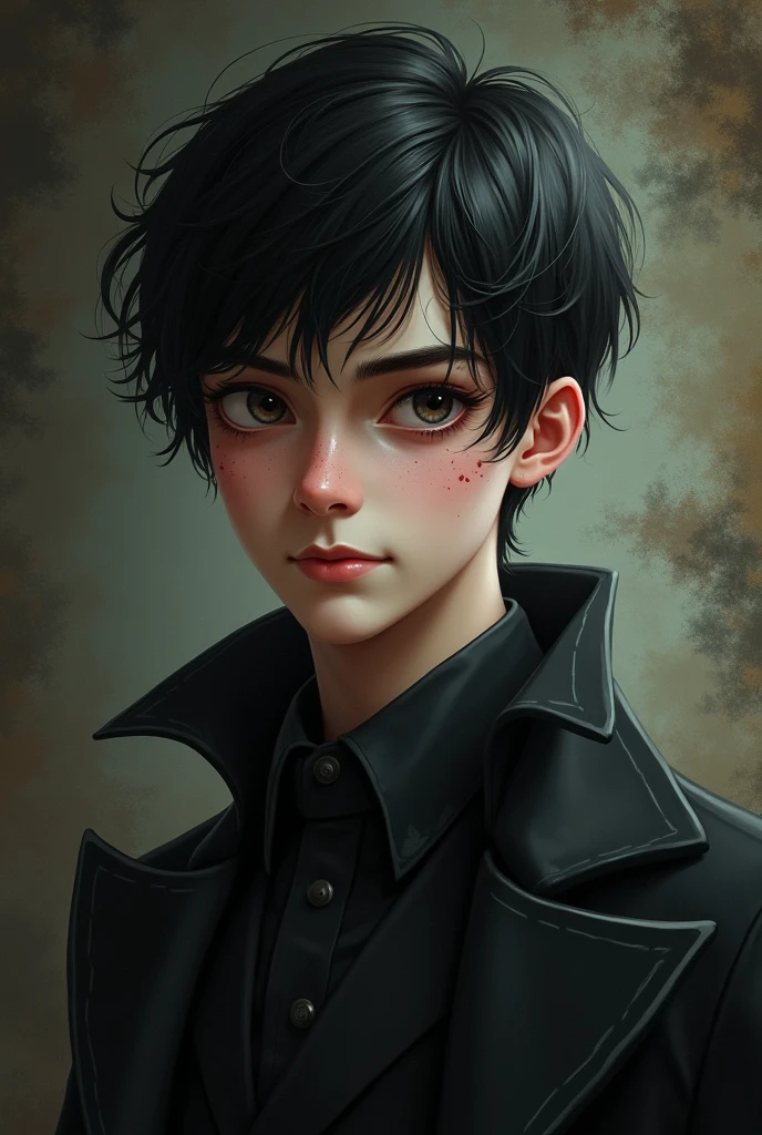 ((Best quality)), ((masterpiece)), (detailed), ((perfect face)), ((halfbody)) handsome face, male, teen boy, perfect proportions , a male version character from the addams family, short hair, male version, detailed eerie background, detailed eerie scenery 