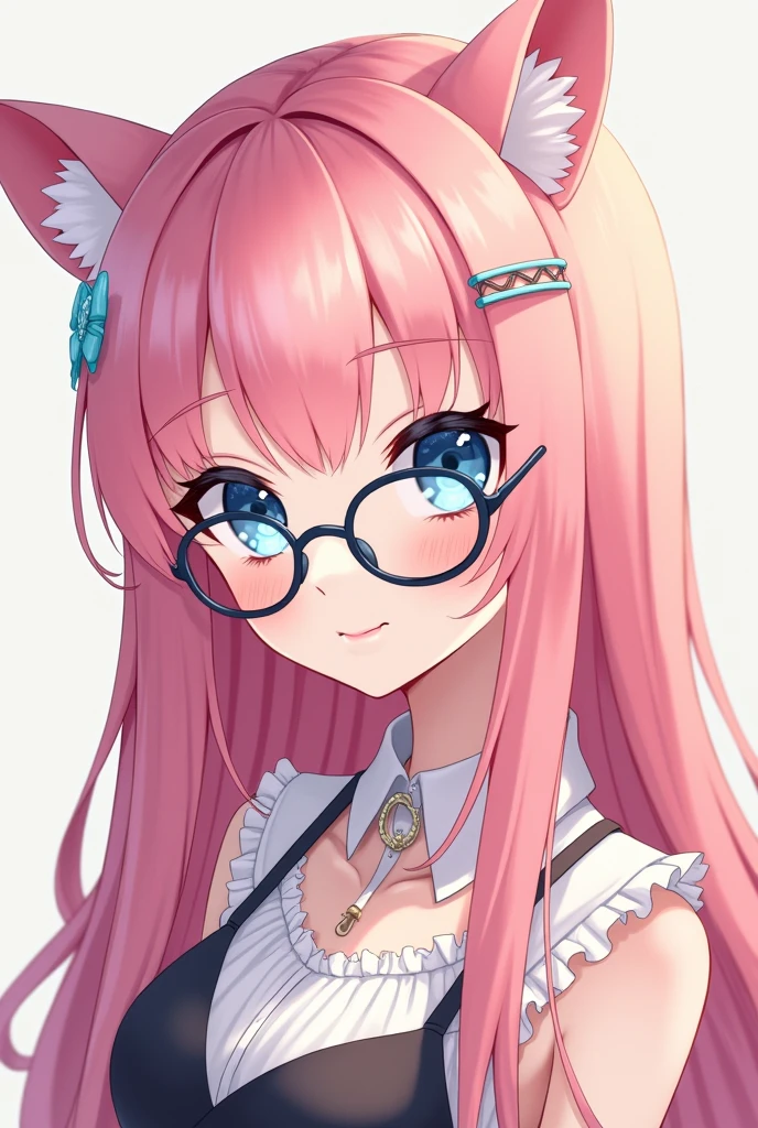 Female character, anime styling, pink hair, long hair, pretty, skin fair, blue colored eyes, nerd style