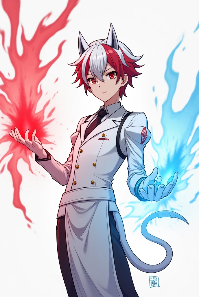 Fassa in anime style A man with small white demon horns and white demon tail in white waiter formal clothes, whitegloves, Gray pants, red and blue energy powers, light red and white hair with white highlights, He has eyes of different colors, one eye is red and his other eye is completely black 