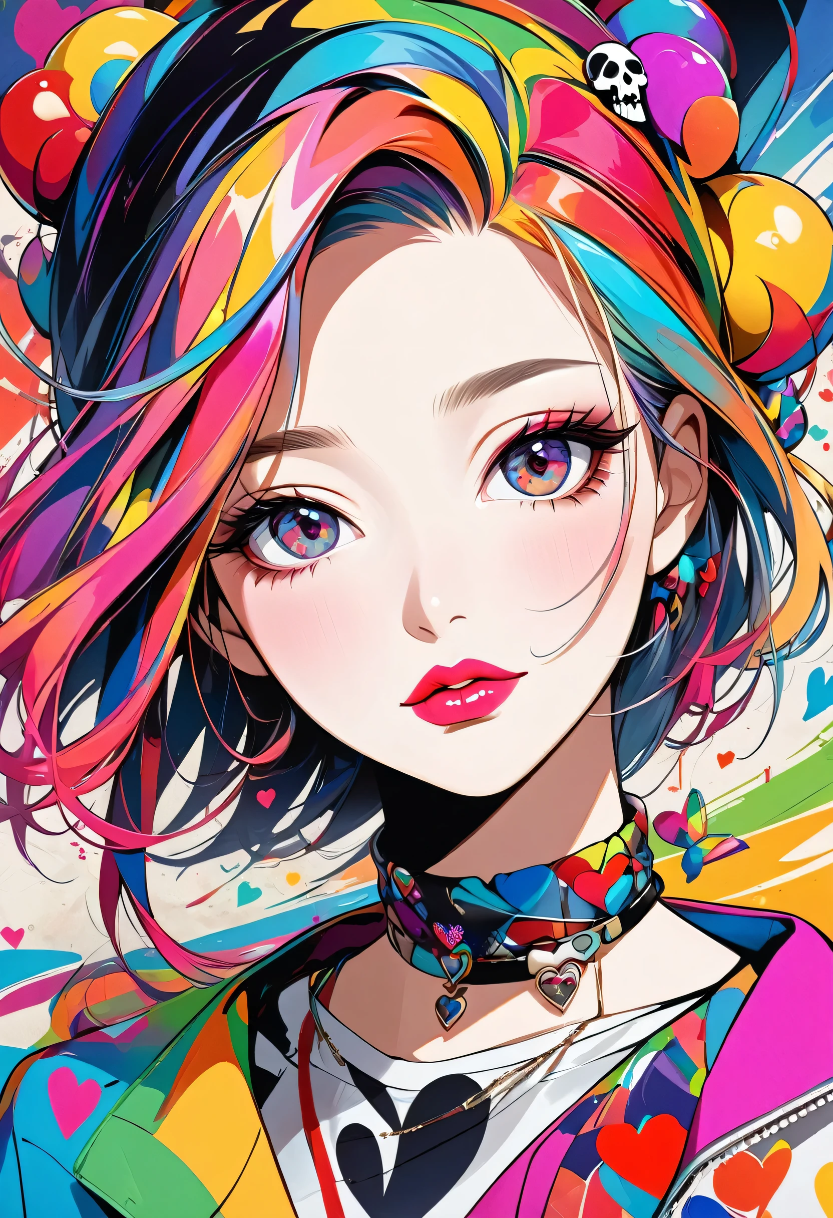 Ultra-realism Vasily Kandinsky colorful style, Simple Line Initialism,Abstract art,(((The most beautiful girl of all time))), Sweet face. Lips in love, colorful hearts, stylish design, Summer Skull fashion, Dark Eyes, Graffiti on the wal