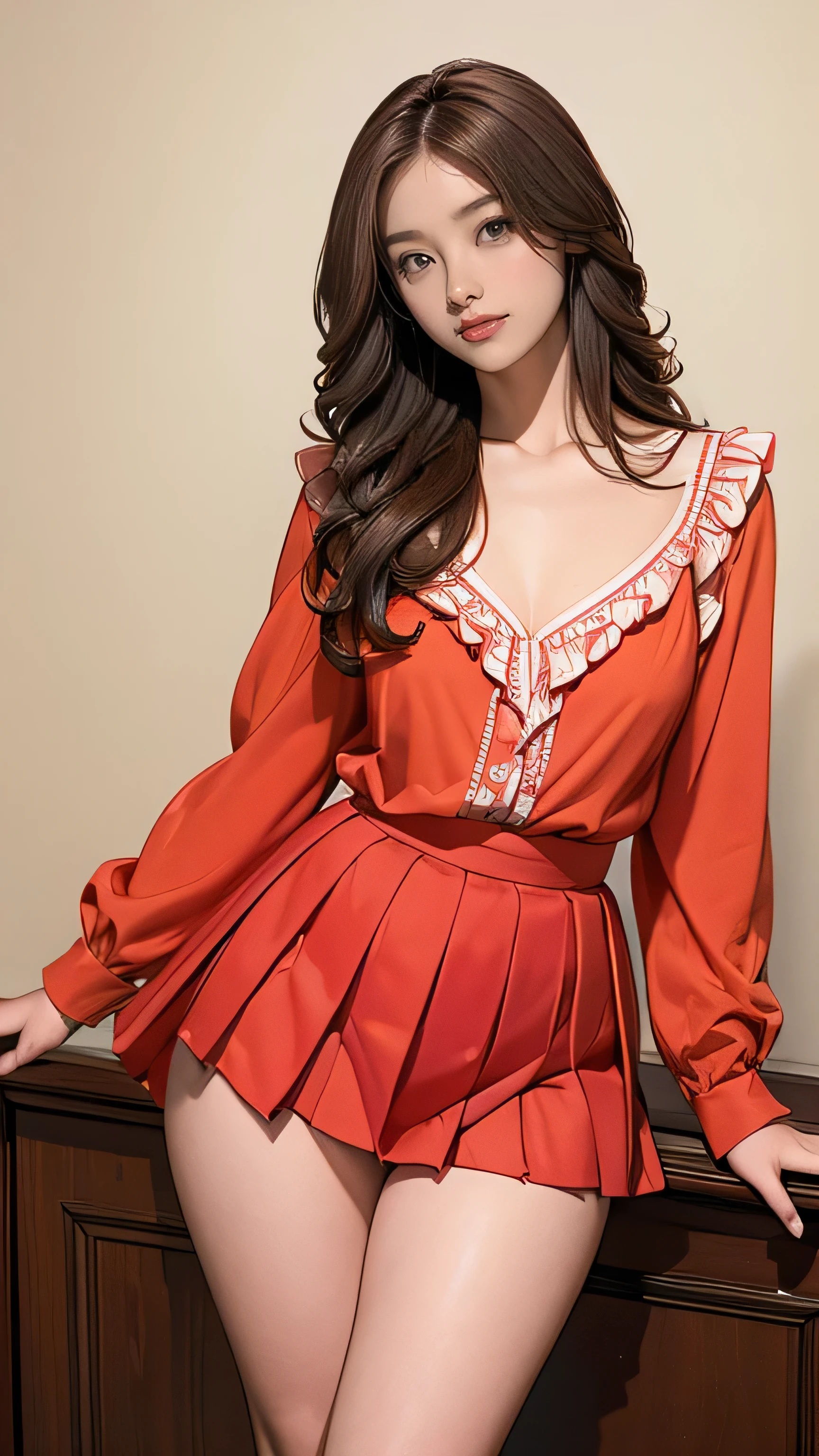 (masterpiece:1.2, Highest quality), (Realistic, photoRealistic:1.4), Beautiful illustrations, (Natural Side Lighting, Cinema Lighting), Beautiful thighs, Front view, 1 person, 26 years old, Perfect Face, Symmetrical cute face, Glowing Skin, Big eyes, long eyelashes chest), thin, expensive、 Beautiful Hair, Beautiful Face, Beautiful and beautiful eyes, Beautiful clavicle, Beautiful body, Beautiful breasts, Beautiful thighs, Beautiful feet, Beautiful fingers, ((High quality fabric, Red button up blouse、Vertical frills、Long sleeve、Big ribbon、Red Mini Pleated Skirt)), (Beautiful views),Are standing, (smile, wonderful, Open your mouth),((Long brown hair、Loosely curled inward hair、Long hair that reaches down to the waist:1.4))、The right hand is touching the chin.、