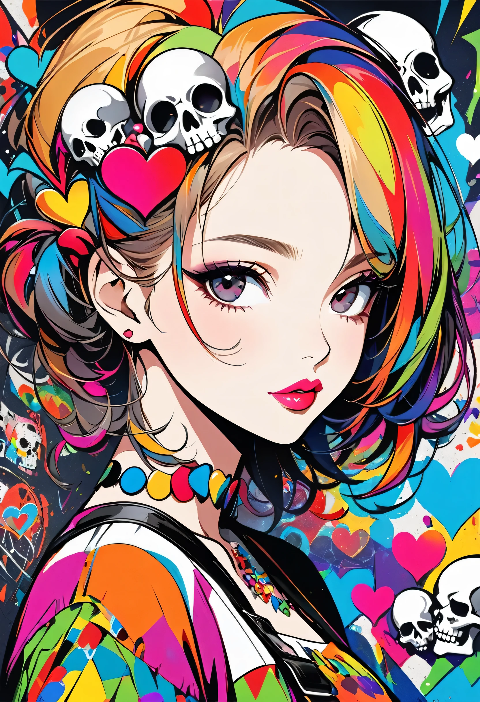 Ultra-realism Vasily Kandinsky colorful style, Simple Line Initialism，Abstract art，(((The most beautiful girl of all time))), Sweet face. Lips in love, colorful hearts, stylish design, Summer Skull fashion, Dark Eyes, Graffiti on the wal