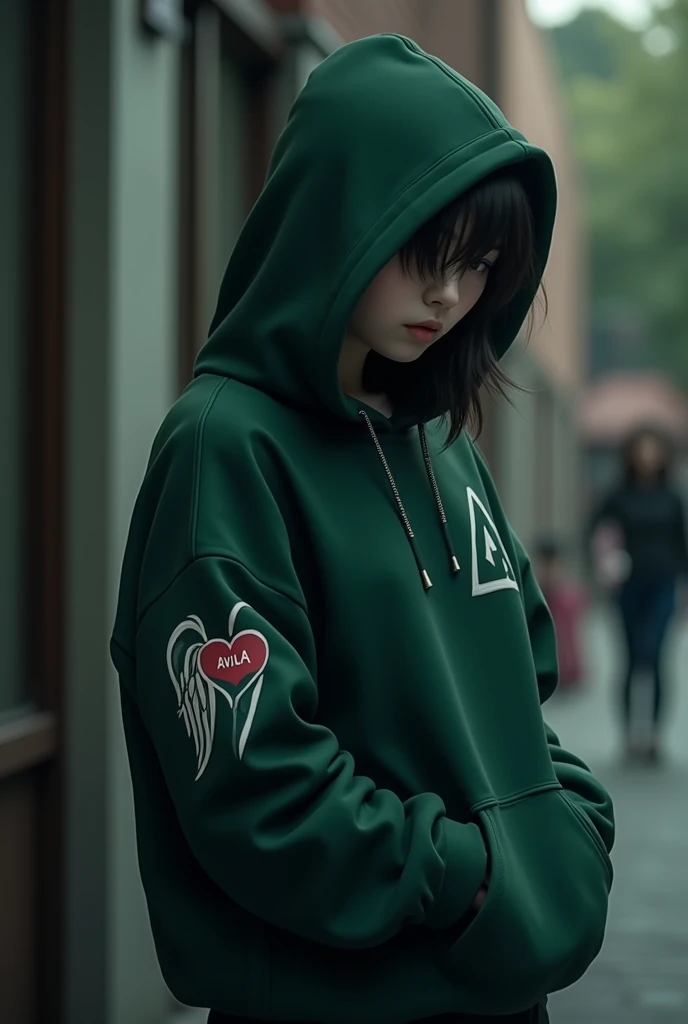 I want a dark green hoodie
and that my nickname is on the heart part that says AVILA which is very small
and on one arm it is with a design of white wings
And that it be schoolgirl 

