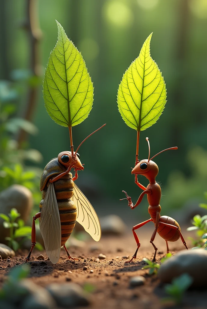 A cicada carrying a leaf and an ant carrying another leaf realistically