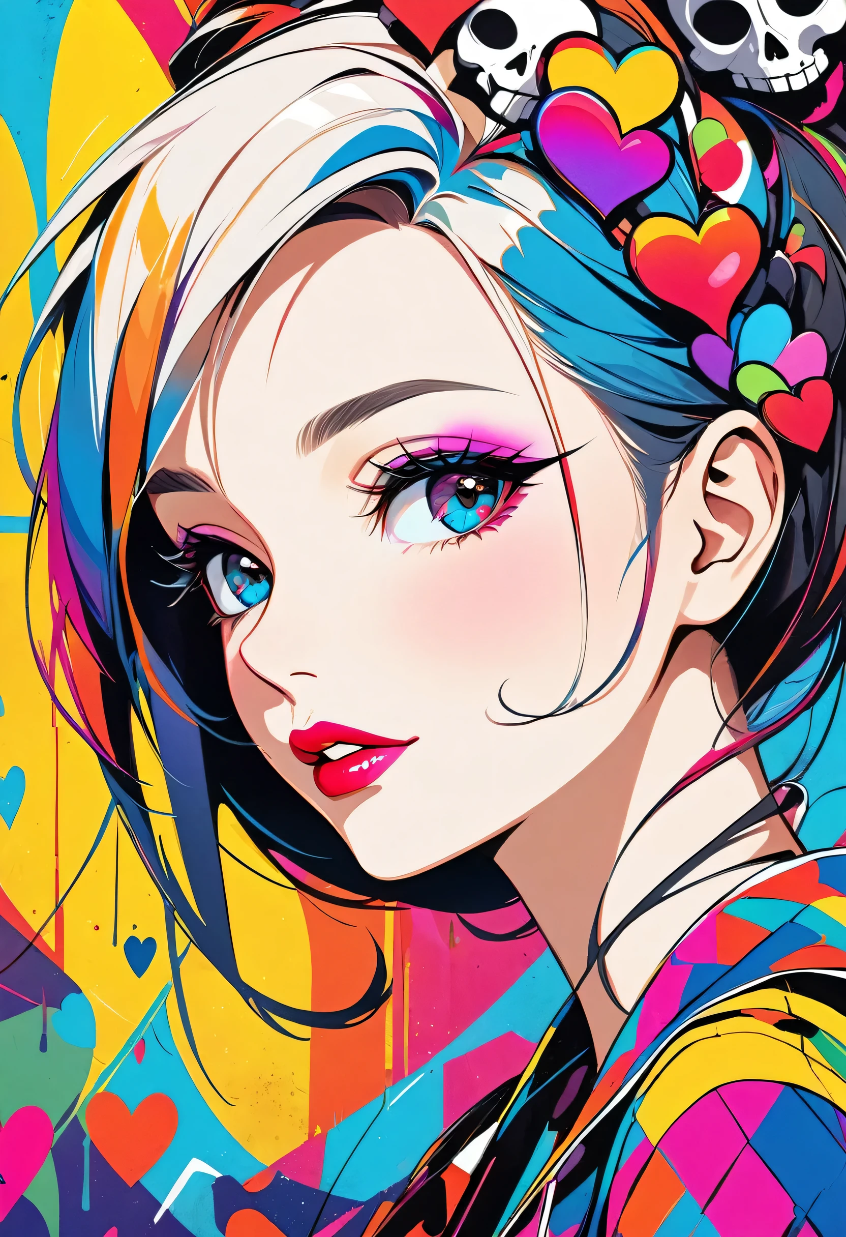 Ultra-realism Vasily Kandinsky colorful style, Simple Line Initialism，Abstract art，(((The most beautiful girl of all time))), Sweet face. Lips in love, colorful hearts, stylish design, Summer Skull fashion, Dark Eyes, Graffiti on the wal