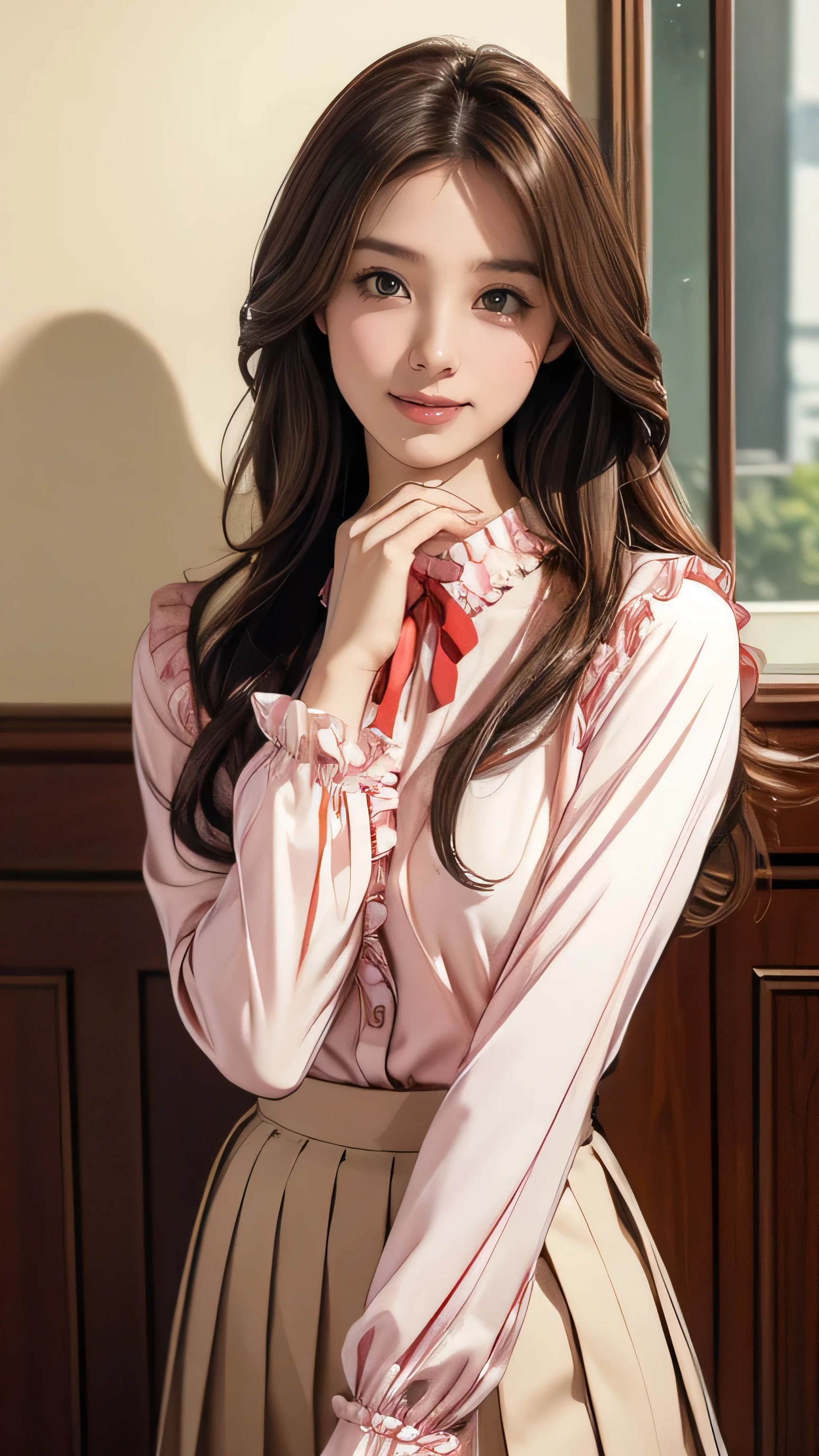 (masterpiece:1.2, Highest quality), (Realistic, photoRealistic:1.4), Beautiful illustrations, (Natural Side Lighting, Cinema Lighting), Beautiful thighs, Front view, 1 person, 26 years old, Perfect Face, Symmetrical cute face, Glowing Skin, Big eyes, long eyelashes chest), thin, expensive、 Beautiful Hair, Beautiful Face, Beautiful and beautiful eyes, Beautiful clavicle, Beautiful body, Beautiful breasts, Beautiful thighs, Beautiful feet, Beautiful fingers, ((High quality fabric, Red button up blouse、Vertical frills、Long sleeve、Big ribbon、Red Mini Pleated Skirt)), (Beautiful views),Are standing, (smile, wonderful, Open your mouth),((Long brown hair、Loosely curled inward hair、Long hair that reaches down to the waist:1.4))、The right hand is touching the chin.、
