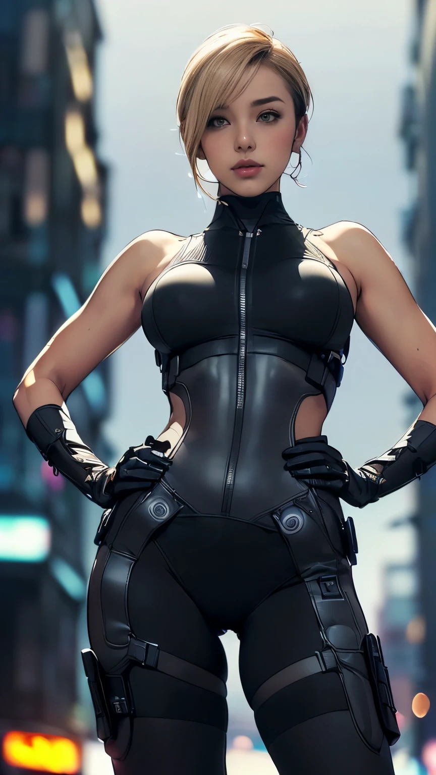 (A woman),(((Future female police officer standing))),((Black Tactical Tights:1.5)),((Camel toe:1.5)),((earphone:1.5)),((Tactical Holster:1.5)),(Gloves:1.5),(((Hands on hips:1.5))),(front:1.5),(From below:1.2),(Super short hair:1.5),(Blonde:1.5),(beautiful eyes:1.3),(Very detailedな顔:1.5),((Very detailedな女性の手の描画:1.5)),((muscular:1.5)),(Sexy look:1.5),((Thick thighs:1.5)),(Beautiful Body:1.5),((Very sensual:1.5)),(The backdrop is a futuristic city:1.5),(Cyberpunk atmosphere:1.5),(((Blurred background:1.5))),(Written border depth:1.5),rest(((masterpiece:1.5),(best quality:1.5),(Very detailed:1.5),(high resolution:1.5),(Practical:1.5),(Practical:1.5),(Delicate depiction),(carefully drawn))),8K,wallpaper