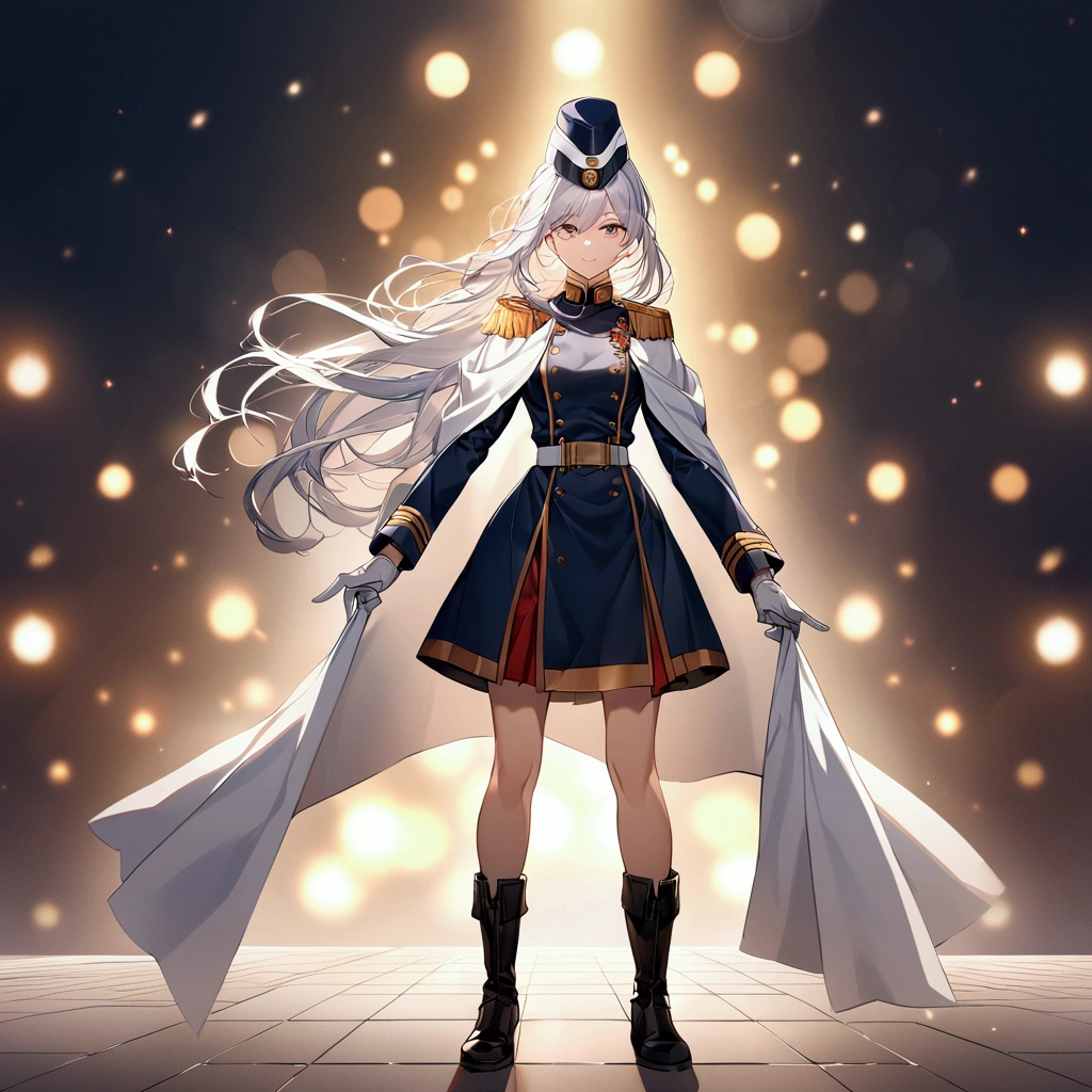 Office background, Military uniform, dark blue uniform, navy uniform, white glove, short white cape, military cap, military garrison cap, 1girl, white hair, shining hair, medium breast, full body shot, bokeh, epic, facing viewer,