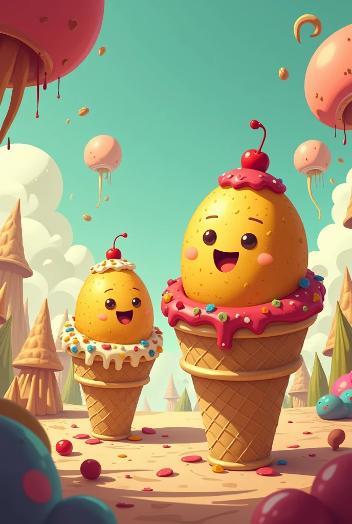 Please create an image of potatoes in cones with toppings, Animated hello Cuphead theme

