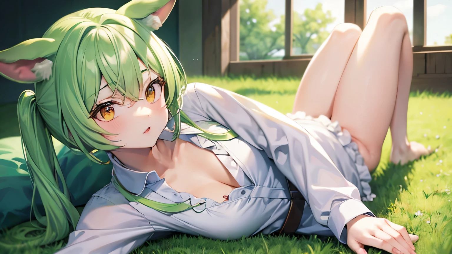 (Realistic painting style:0.9), masterpiece, Highest quality, NSFW, draw, illustration, best quality, bed, beautiful detailed eyes, 1girl, 0, kawaii, deformation, tachi-e,white skin, spread legs,short hair, straight hair ,light green hair , hair between eyes ,(light green ears), (light green dog ears),( white frilled white polo shirt), (pig Tail hair), ((Yellow eyes)),Look up here,On the way to take off your underwear