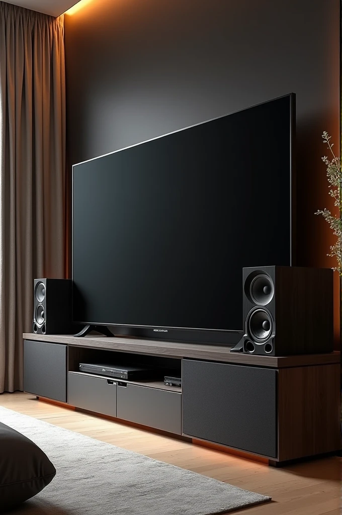 TV stand with speakers and speaker system, black oled background,
Personal room background, 8k vertical screen wallpaper
