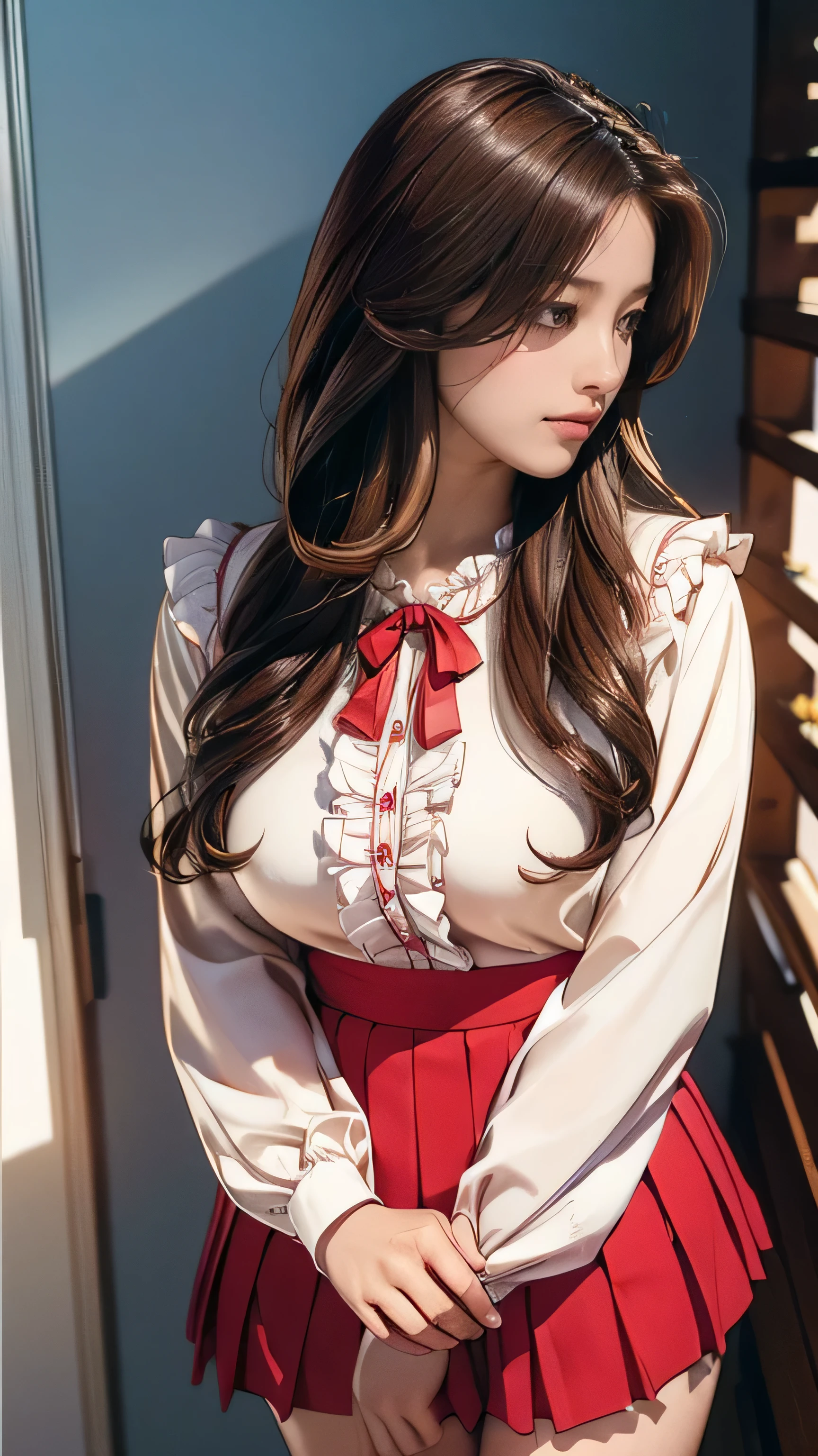 (masterpiece:1.2, Highest quality), (Realistic, photoRealistic:1.4), Beautiful illustrations, (Natural Side Lighting, Cinema Lighting), Beautiful thighs, Front view, 1 person, 26 years old, Perfect Face, Symmetrical cute face, Glowing Skin, Big eyes, long eyelashes chest), thin, expensive、 Beautiful Hair, Beautiful Face, Beautiful and beautiful eyes, Beautiful clavicle, Beautiful body, Beautiful breasts, Beautiful thighs, Beautiful feet, Beautiful fingers, ((High quality fabric, Red button up blouse、Vertical frills、Long sleeve、Big ribbon、Red Mini Pleated Skirt)), (Beautiful views),Are standing, (smile, wonderful, Open your mouth),((Long brown hair、Loosely curled inward hair、Long hair that reaches down to the waist:1.4))、The right hand is touching the chin.、Hands folded above head、Pouting、Shooting from above、You are standing gracefully.、The whole body is in the frame