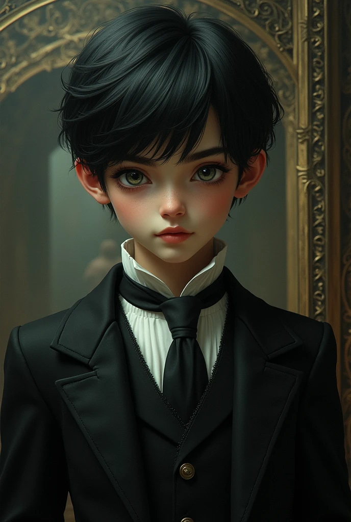 ((Best quality)), ((masterpiece)), (detailed), ((perfect face)), ((halfbody)) handsome face, male, teen boy, perfect proportions , a male version character from the addams family, short hair, male version, detailed eerie background, detailed eerie scenery, medieval commoner