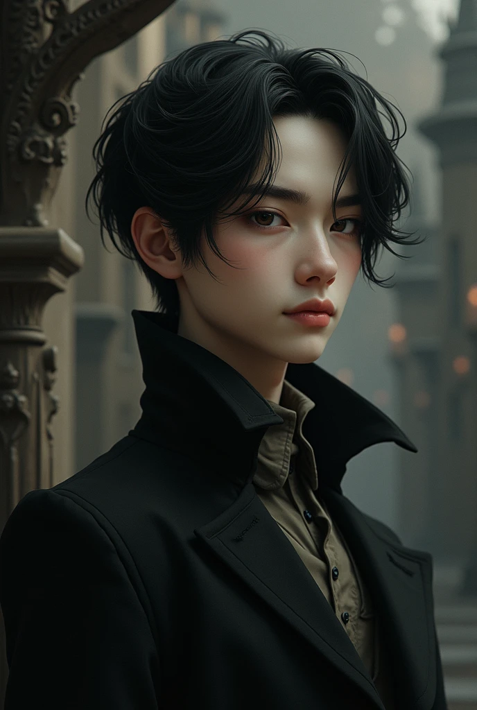 ((Best quality)), ((masterpiece)), (detailed), ((perfect face)), ((halfbody)) handsome face, male,  boy, perfect proportions , a male version character from the addams family, short hair, male version, detailed eerie background, detailed eerie scenery, medieval commoner