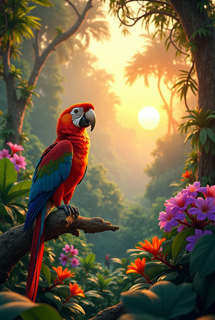 "A vibrant, detailed scene of a tropical jungle at sunrise. A colorful bird, resembling a parrot or toucan, perches on a branch in the foreground. The bird's feathers are a brilliant mix of reds, blues, greens, and yellows, reflecting the warm sunlight filtering through the dense canopy. Surrounding the bird, lush green foliage, with large leaves, vines, and exotic flowers in bright hues of purple, orange, and pink, create a rich and immersive environment. The background features towering trees, with glimpses of other birds and wildlife, enhancing the sense of life and biodiversity in the jungle. The overall atmosphere is vibrant, serene, and full of life, perfect for a high-resolution 4K YouTube video." 1920*1080