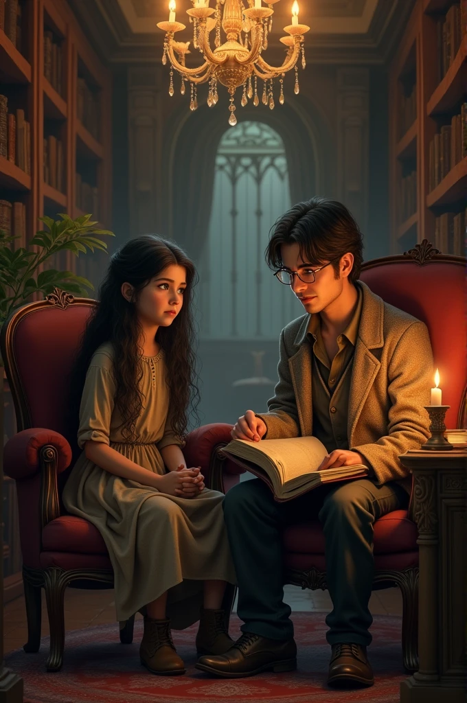 create an image where there is a room with a chandelier where there is a young girl with long dark hair and green eyes and a young historian
