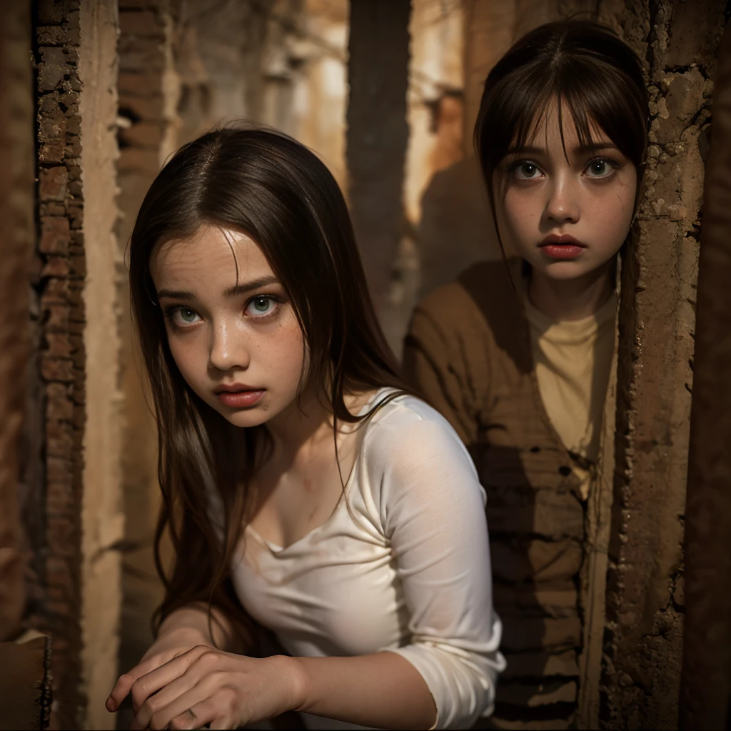 8K Masterpiece,High resolution photo, Very high detail,Photograph shot Full shot ,(Representative work:1.4)、(raw photo:1.2),Best Quality,1 very young thin girl beaten,blood and bruises on the body,dirty, long, disheveled, dirty hair, tied by chain, in the basement,Slavery, (little clothes,perfect details,perfect hands,perfect fingers), darkness, terrified, kkw-ph1, bad-picture-nLIGHT,