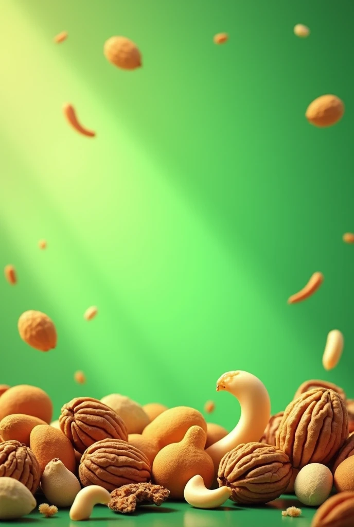Cheerful horizontal phosphorescent green background of all kinds of nuts with space in the center