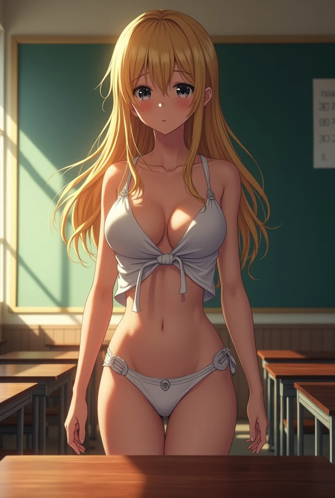 Hiper realista super detalhado sexly ((work of art)), ((best qualityer)), (ultra detali), ((sexly)), (Device), anime styling, in the classroom, desk, A beautiful girl, 1 girl, standing alone, gym shorts, beautiful gold hair, beautiful black eyesbeautiful eyes, wearing underwear, embarrased, disturbed expression , NSFW