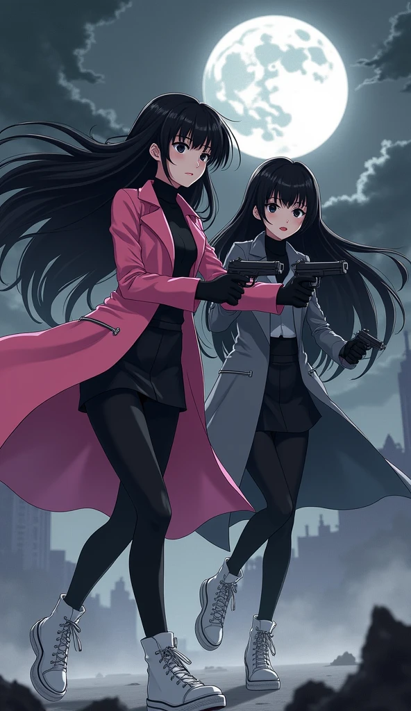 Two young womens, long black hairs, yuri, Vampire Hunters.
The first young women black eyes wear a pink long coat, black shirt, black pencil skirt, black underpants, black tights, black gloves, white sneakers high top.
The second young women black eyes wore a grey long coat, black shirt, black pencil skirt, black underpants, black tights, black gloves, white sneakers high top.
holding a pistol handguns, running, black grey sky, fantastic night sky, moon, cartoon anime, 4K, HD