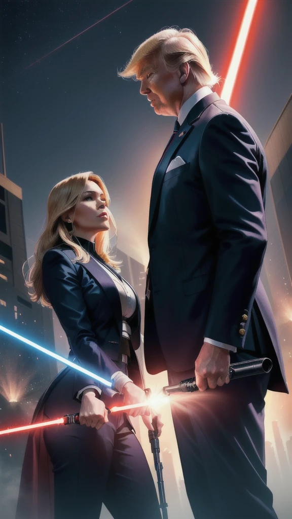 Vice President Harris and President Trump best angle of view Cyber City Wearing a suit female Finding Boiling crowd Presidential Election Star Wars Lightsaber duel
