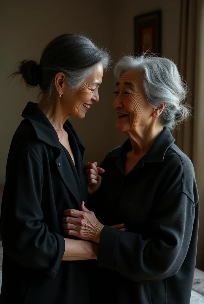 An elderly Asian woman in a black jacket taking off her black girlfriend's clothes 