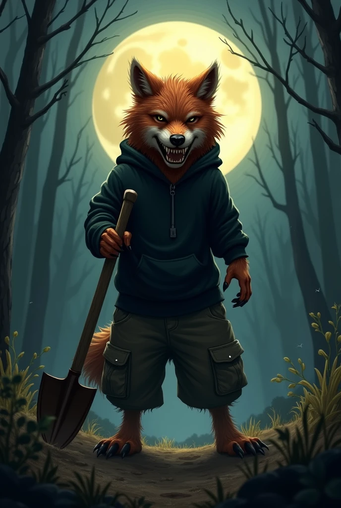 Furry Wolf, stands in the forest, the moon is shining on him, he has a shovel in his hands, and it&#39;s a little bent, because it digs the ground. he has short red hair, long wolf tail, predatory smile,sharp fingers, black hoodie, and oversized pants. high, Beautiful.
