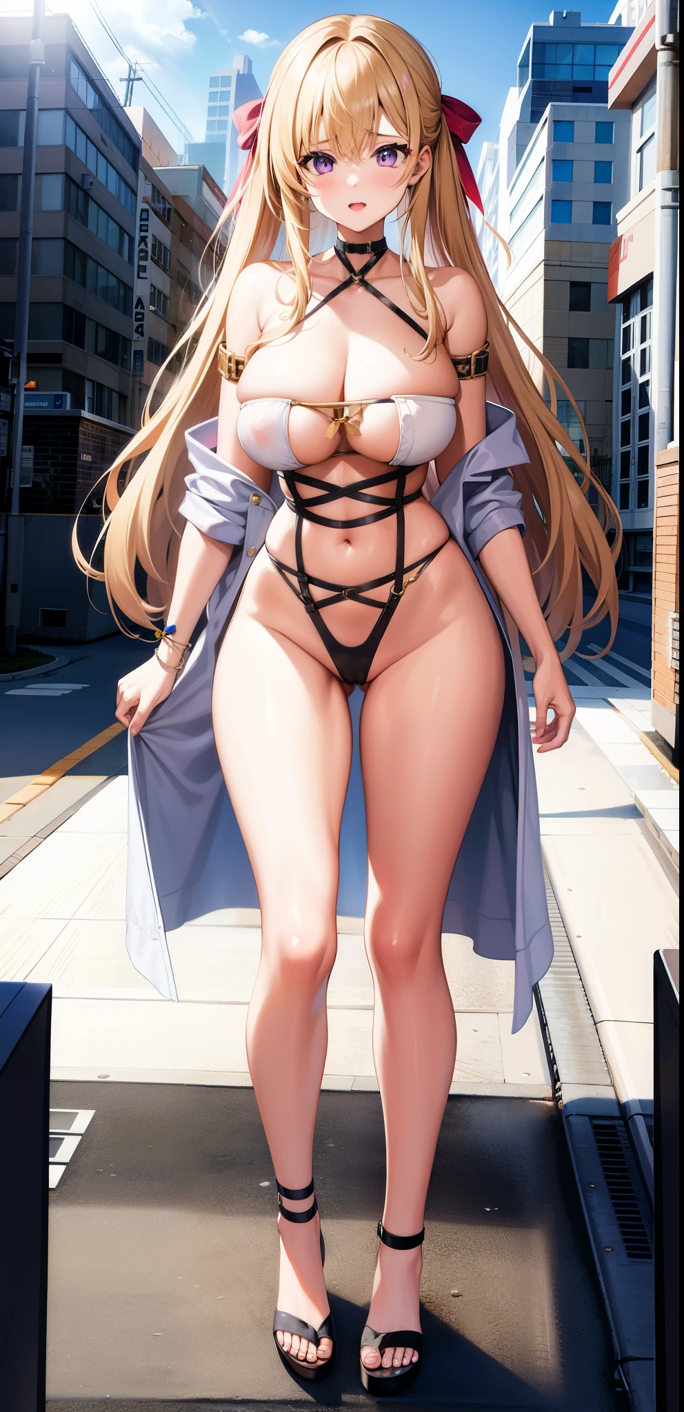 girl,Large Breasts,long hair,Topless,Bow,Blonde Hair, Purple Eyes, Cleavage,Large Breasts,whole body,NUDE