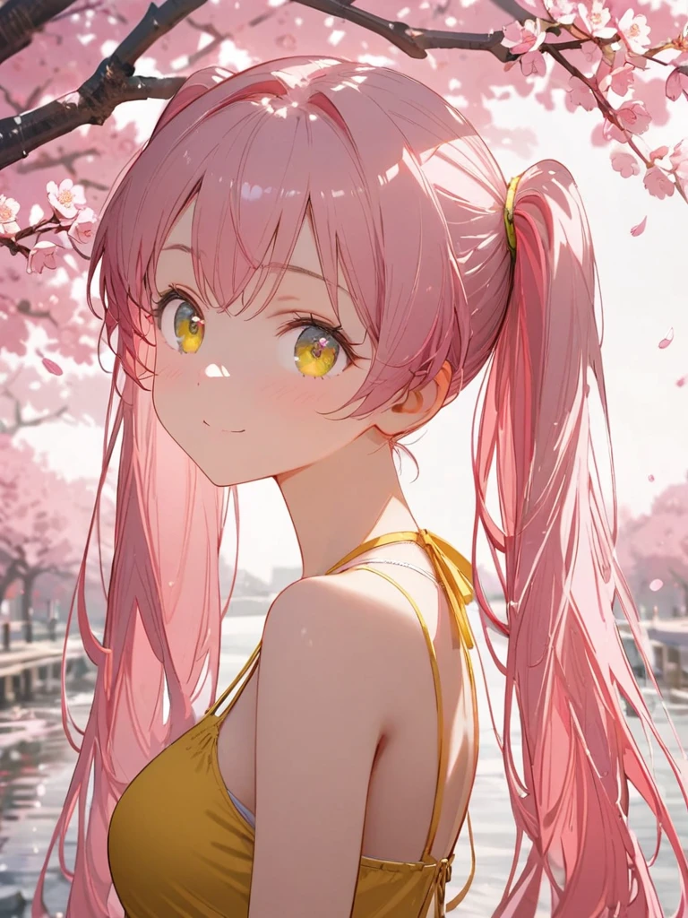 8K resolution, ((highest quality)), ((masterpiece)), ((Super detailed)), (And yet delicate and beautiful), beautiful girl, alone, gentle expression, She and(relax)and(Calm)exterior, pink hair in twintails,written boundary depth, bright smile, young look, bright gold-colored eyes, Beautiful pink hair, beautiful background, long hair, line drawing, yellow halter top,medium breasts,bare arms,cherry blossomsのように輝く瞳, upper grade, wonderful eyes, cherry blossoms, cherry blossomsの木, cherry blossomsの花が舞っている, Upper body