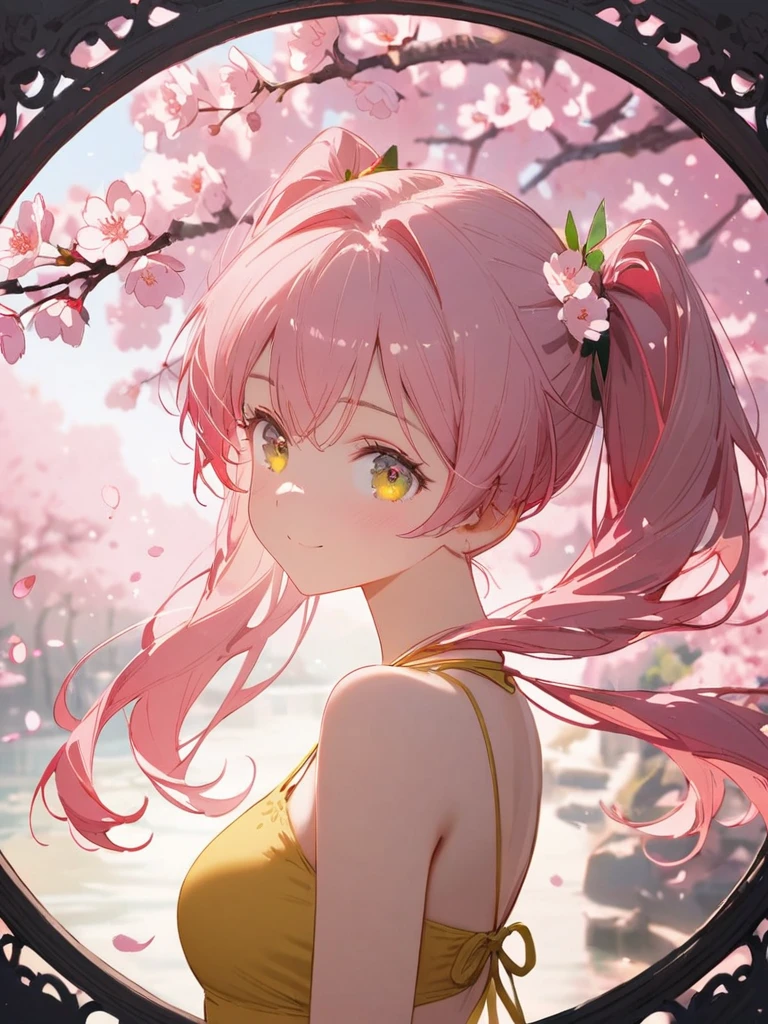 8K resolution, ((highest quality)), ((masterpiece)), ((Super detailed)), (And yet delicate and beautiful), beautiful girl, alone, gentle expression, She and(relax)and(Calm)exterior, pink hair in twintails,written boundary depth, bright smile, young look, bright gold-colored eyes, Beautiful pink hair, beautiful background, long hair, line drawing, yellow halter top,medium breasts,bare arms,cherry blossomsのように輝く瞳, upper grade, wonderful eyes, cherry blossoms, cherry blossomsの木, cherry blossomsの花が舞っている, Upper body