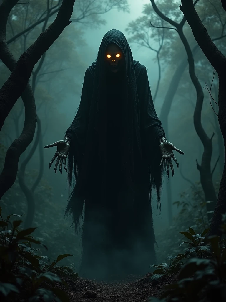 A terrifying figure of the Matinta Perera, an ancient witch from Amazonian folklore, floating in the darkness of a dense, eerie forest. She is hunched over, draped in tattered black robes that blend with the shadows around her. Her face is a haunting void, with no discernible features except for glowing, piercing eyes that seem to burn with malevolent intent. Long, bony fingers extend from her hands, sharp and menacing. The surrounding trees bend and twist unnaturally, as if recoiling from her presence. A chilling, otherworldly aura envelops her, as she prepares to unleash her curse.
