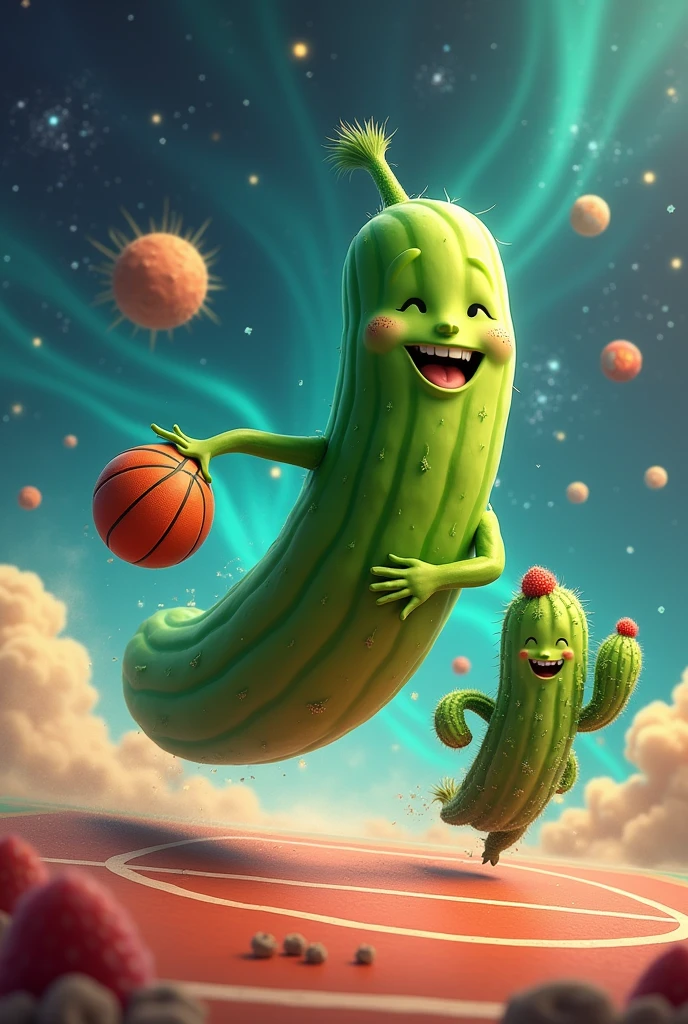 Create an image of a cucumber that travels at the speed of light,who loves strawberries and whose friend is a cactus and they both love to play basketball