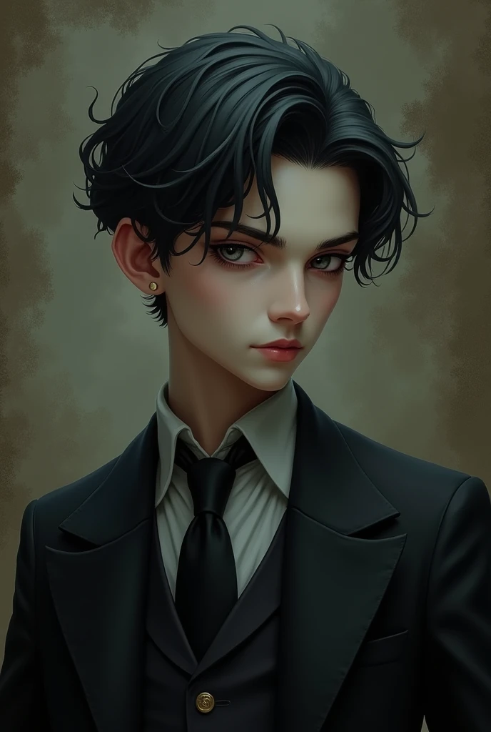 ((Best quality)), ((masterpiece)), (detailed), ((perfect face)), ((halfbody)) handsome face, male, 18 year old boy, perfect proportions , a male version character from the addams family, short hair, male version, detailed eerie background, detailed eerie scenery, medieval commoner