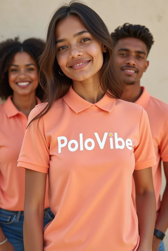 I need an image of a polo shirt or t-shirt in baby melon color, preferably,  with the name PoloVibe on the corner of the polo on the front with an image of a sun in the middle of the name with models 