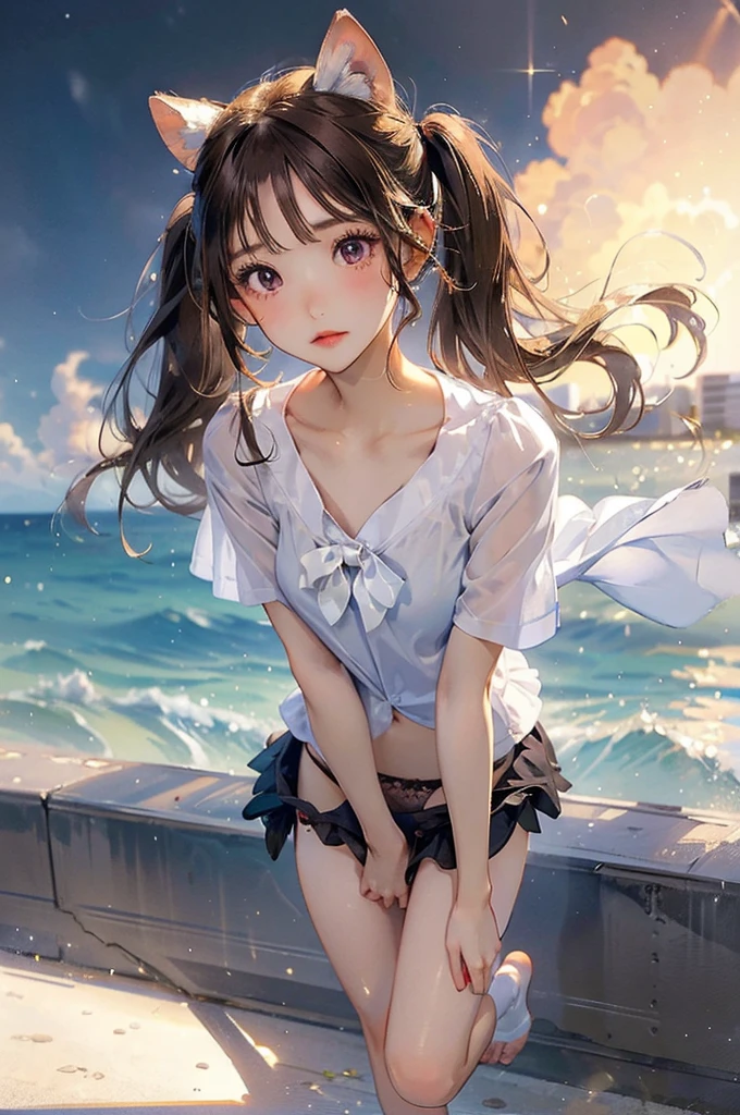 (Full Body Shot), Angle from below, woman ((Showing panties)), school Summer uniform,Pleated skirt, Summer uniform,barefoot,(((Closeup Panties))),((Small Bust)), Twin tails with bangs,((Sparkling brown eyes)),Big sky and wind, light makeup,
