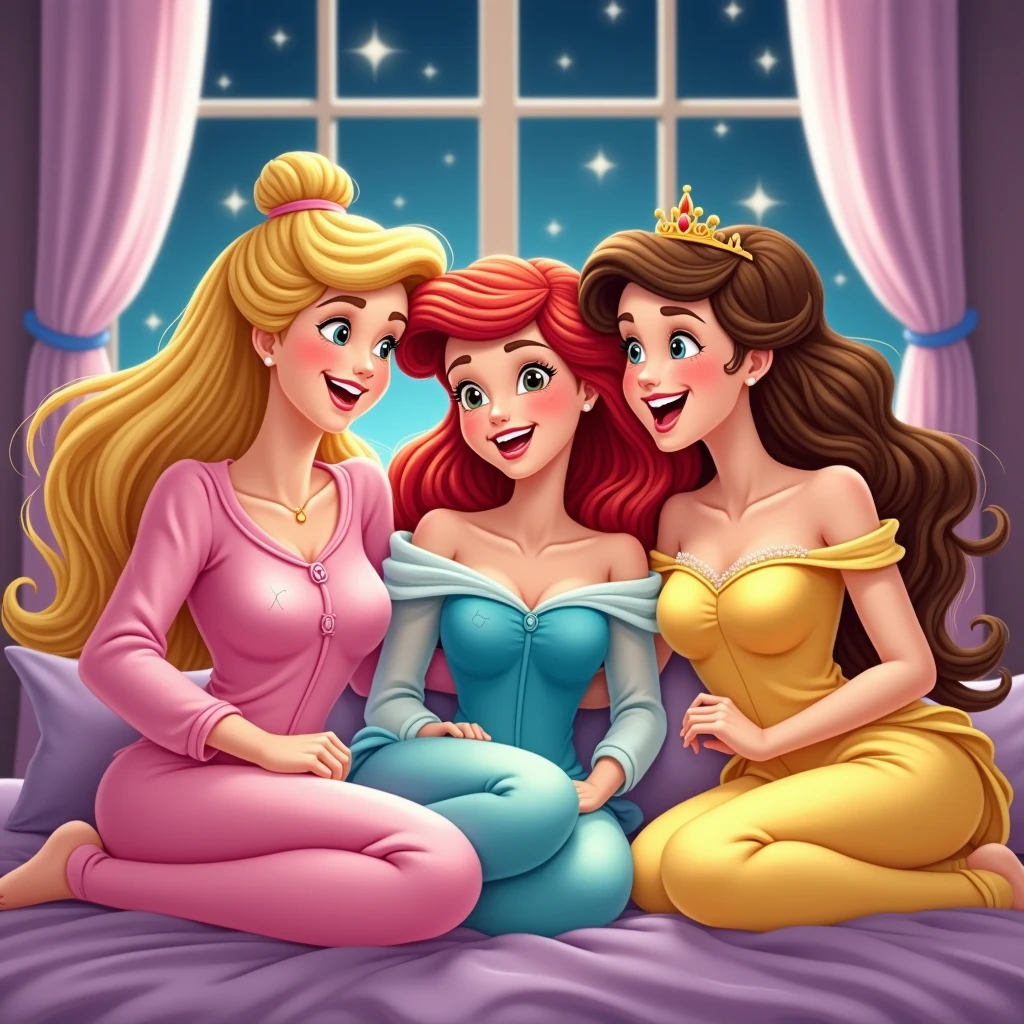 blond sleeping Beauty in a pink pijama, Ariel in turquoise pijama and Belle in a yellow pijama. the 3 friends in a slumber party laughing and having fun