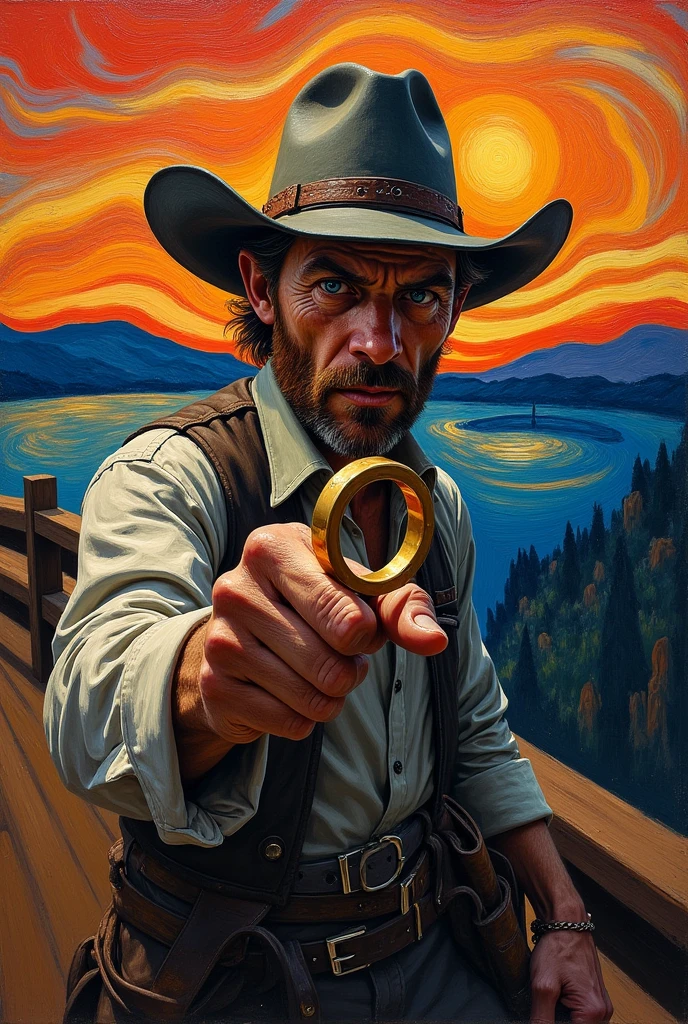 cowboy from the painting The Scream with a ring in his hand